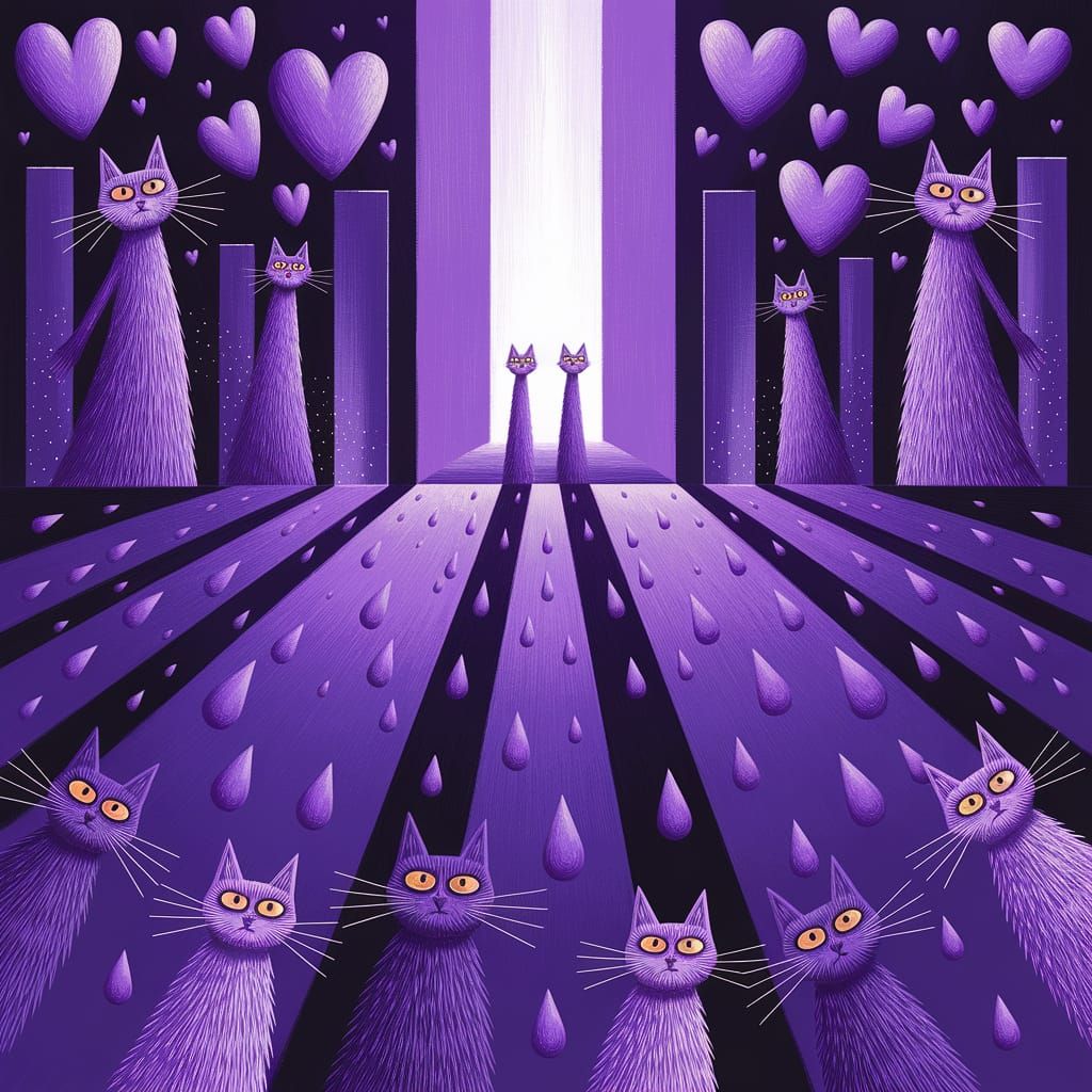 Purple Hues: Cats, Hearts, and Figures in Dramatic Light