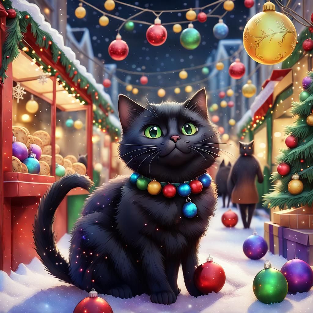 Festive Black Cat at Christmas Fair: Watercolor Illustration