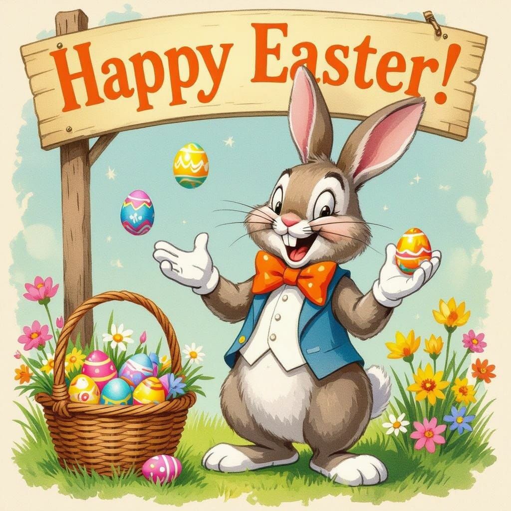 Whimsical Easter Bunny with Bright Bow Tie and Colorful Eggs