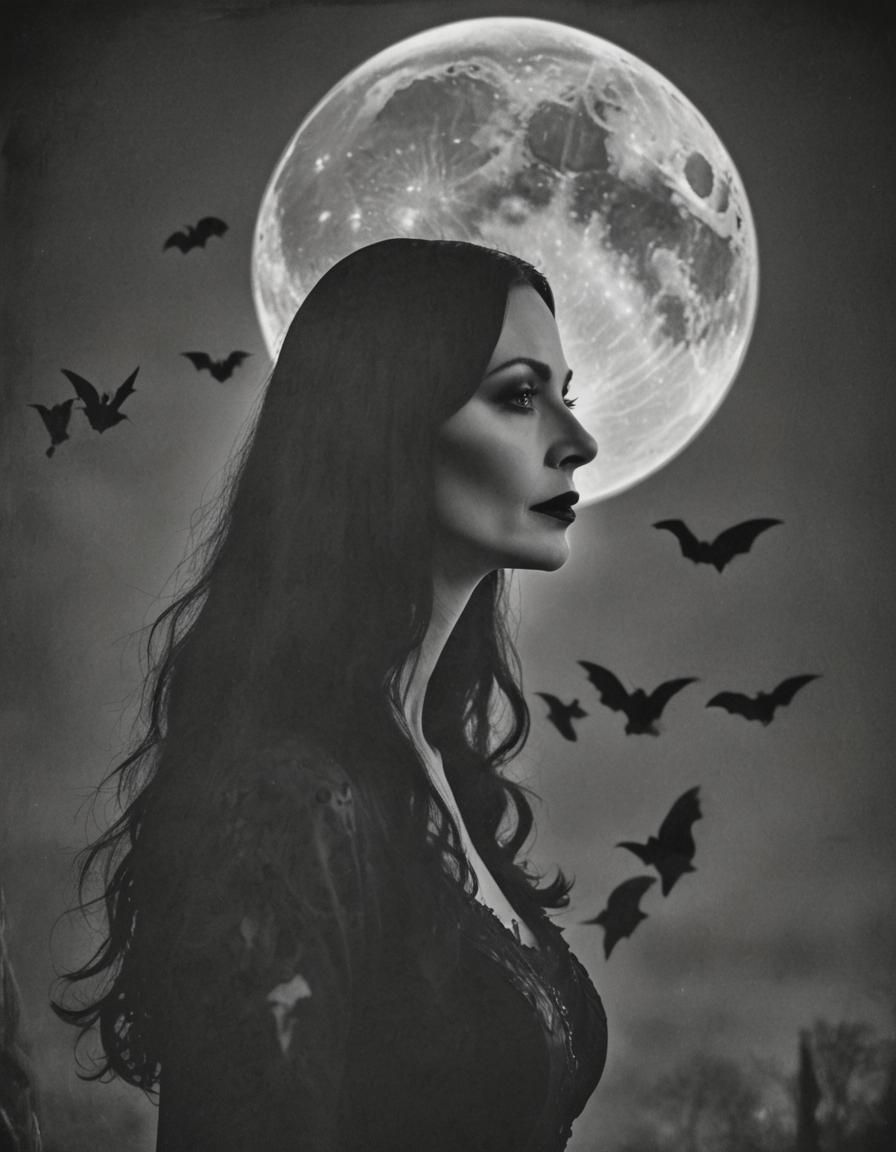 Morticia Addams Silhouette Under Bloody Moon