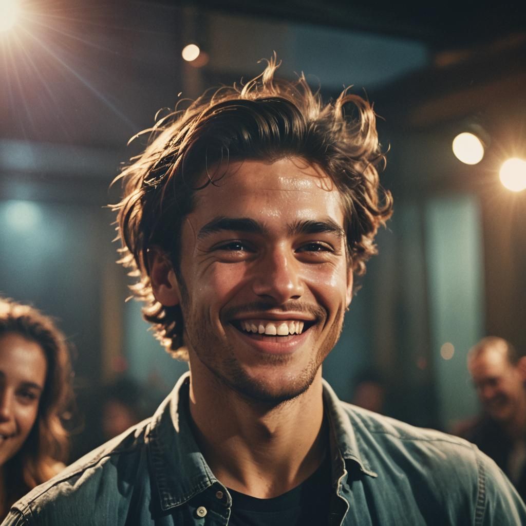 Young Man Dancing with Vibrant Colors in Film Grain Aestheti...