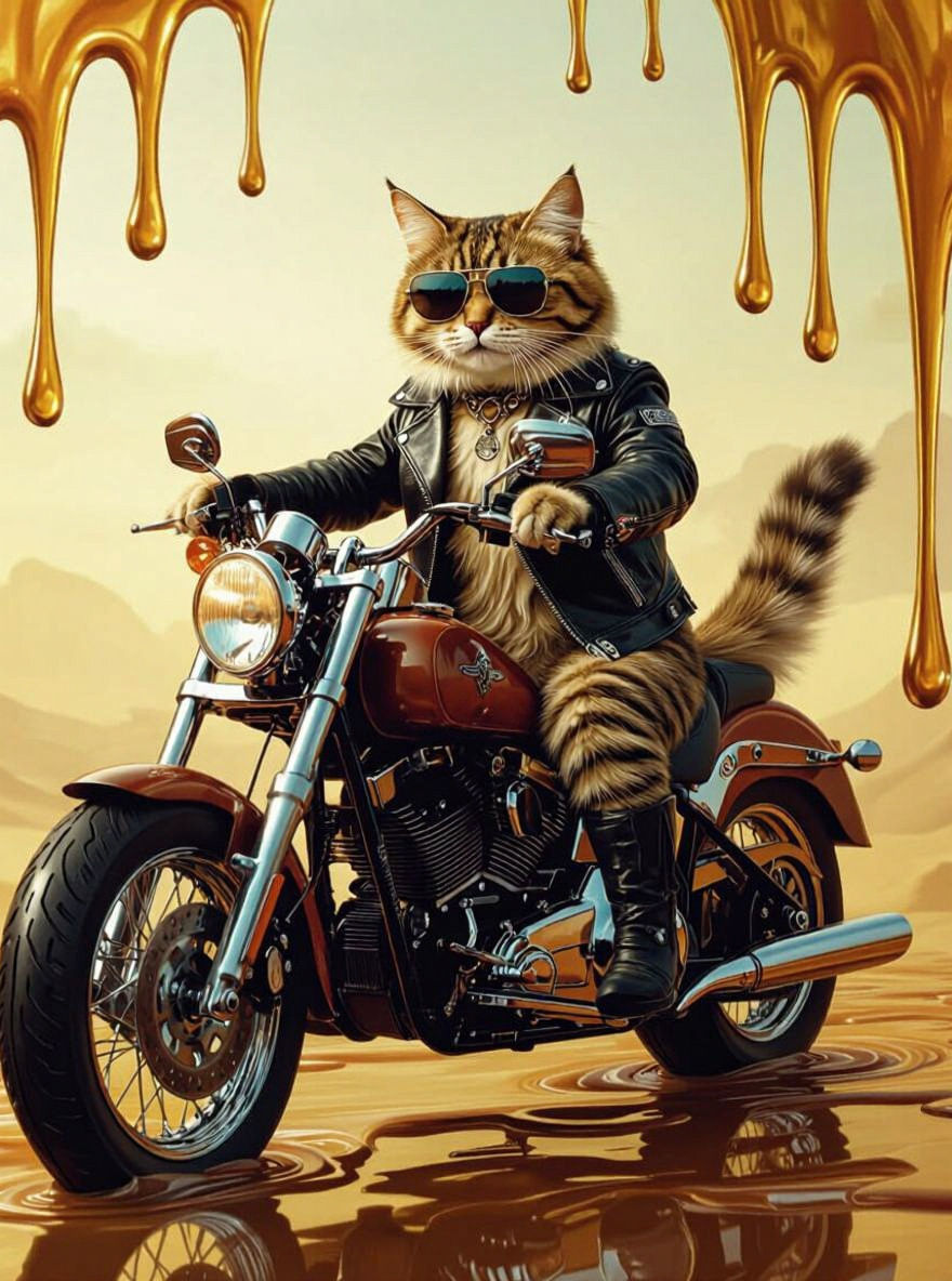 Surreal Cat-Human on Motorcycle in Salvador Dali Style