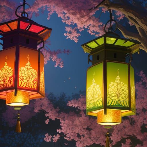 Lanterns Aglow: Vibrant Digital Art in Golden Hour