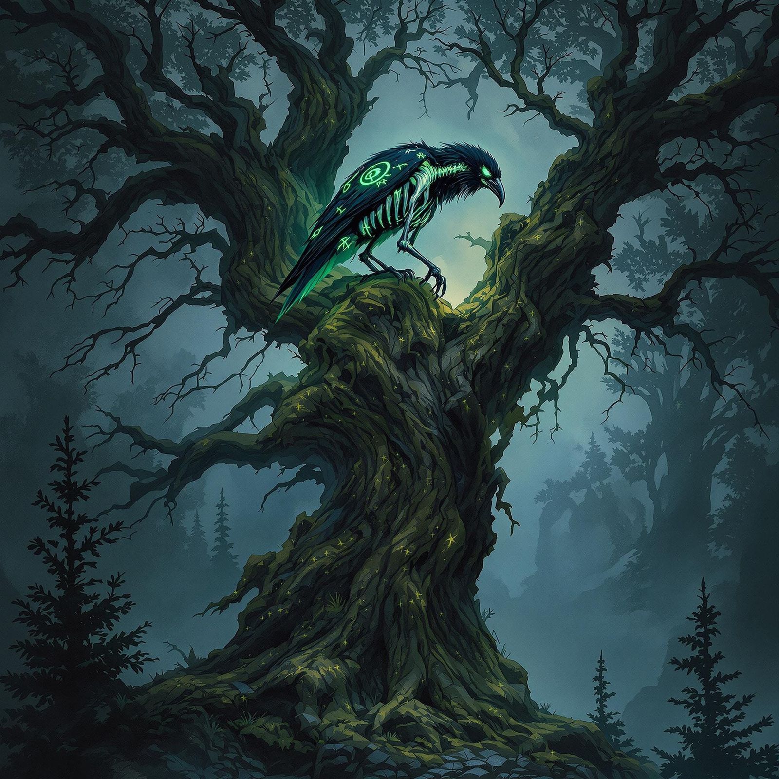 Spectral Raven Skeleton in Misty Forest, Watercolor Style
