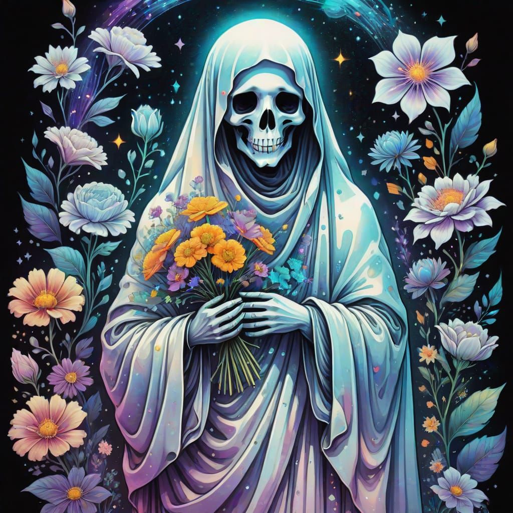 Holographic Ghost with Flowers: Astral Cosmic Illustration