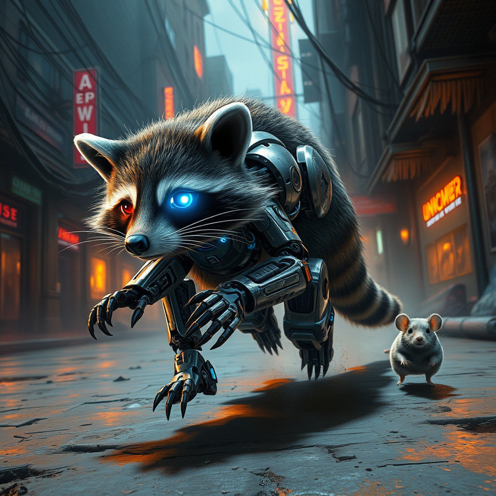 Robotic Raccoon Chasing Mouse in Dystopian Cityscape