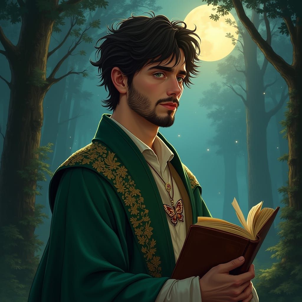 Mystical Scholar-Priest in Moonlit Forest