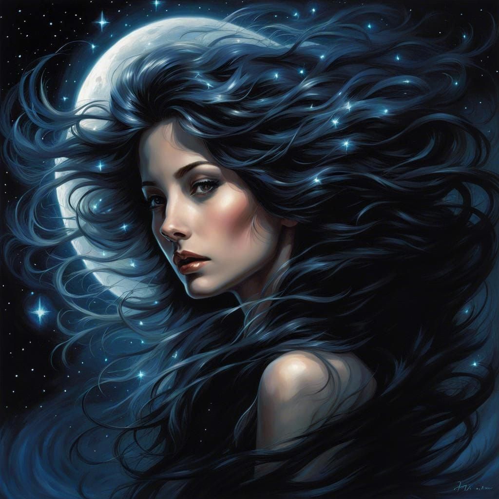 a portrait of a woman with flowing ethereal hair,