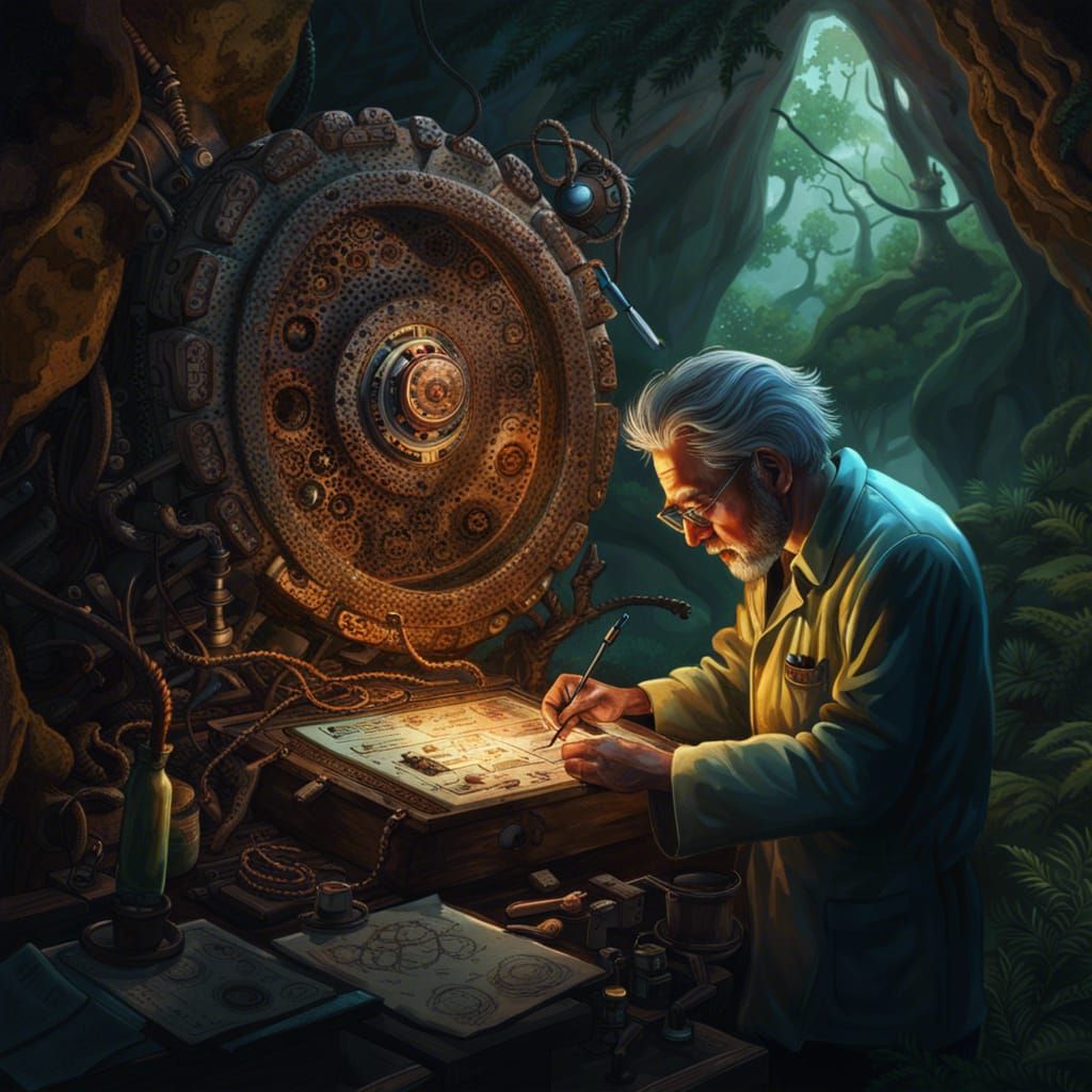 Scientist and Ancient Machine in Forest Cave