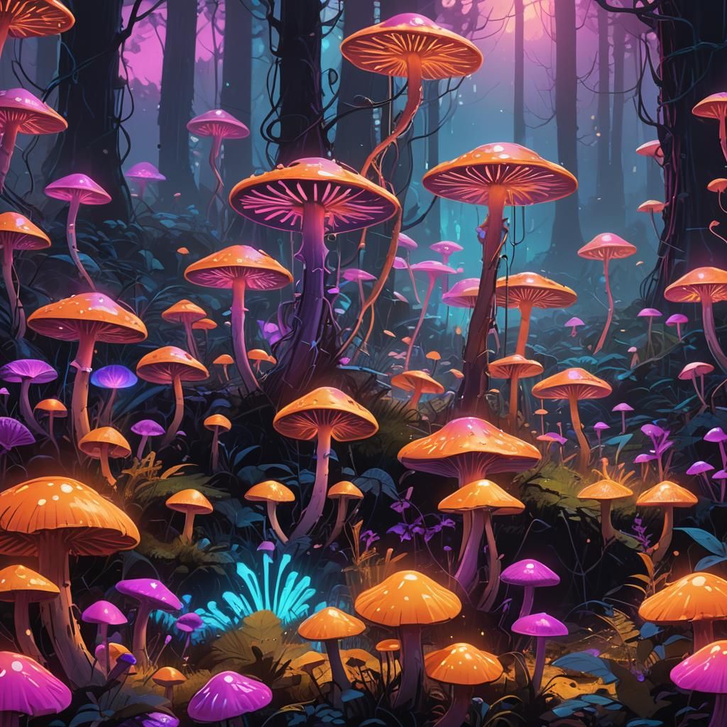 Neon Mushrooms in Iridescent Forest Concept Art