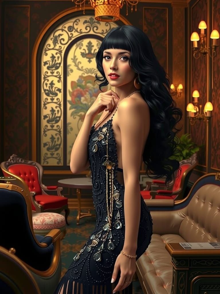 Luxurious Flapper Lady in Opulent Art Nouveau Setting