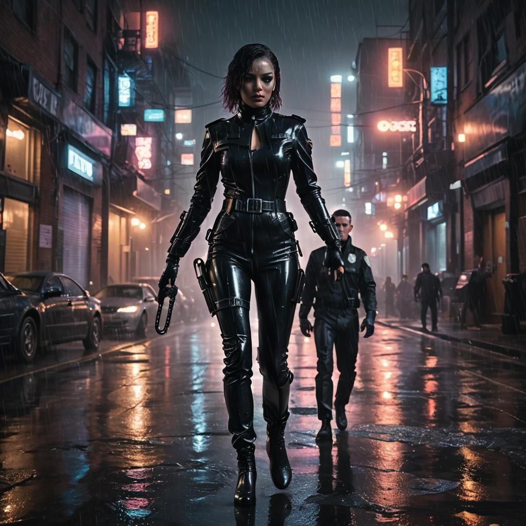 Cyberpunk Arrest: Woman in Catsuit on Rainy Street