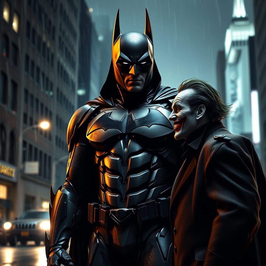 Dark Bat Man Confronts the Joker in Rain-Soaked New York Cit...