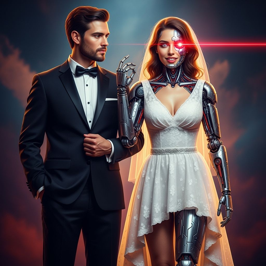 Cyborg Bride and Human Groom Wedding Portrait