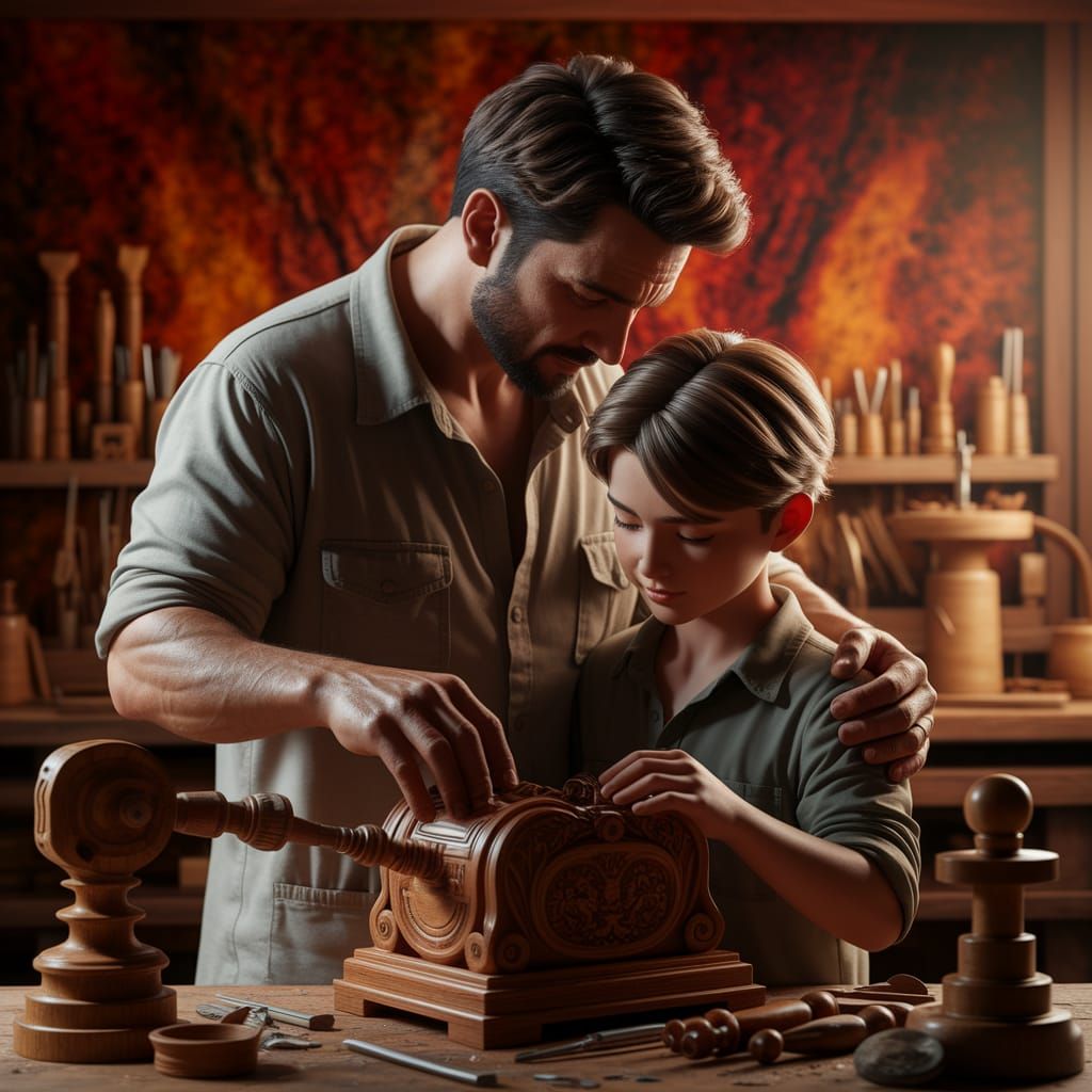 Father and Son Woodworking in Warmly Lit Workshop