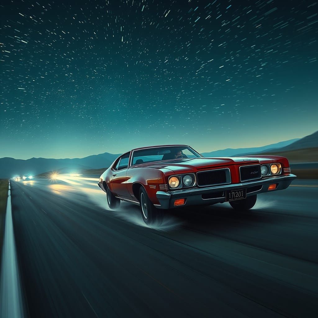 Classic Car Speeds Under Starry Night Sky in Dazzling Matte ...