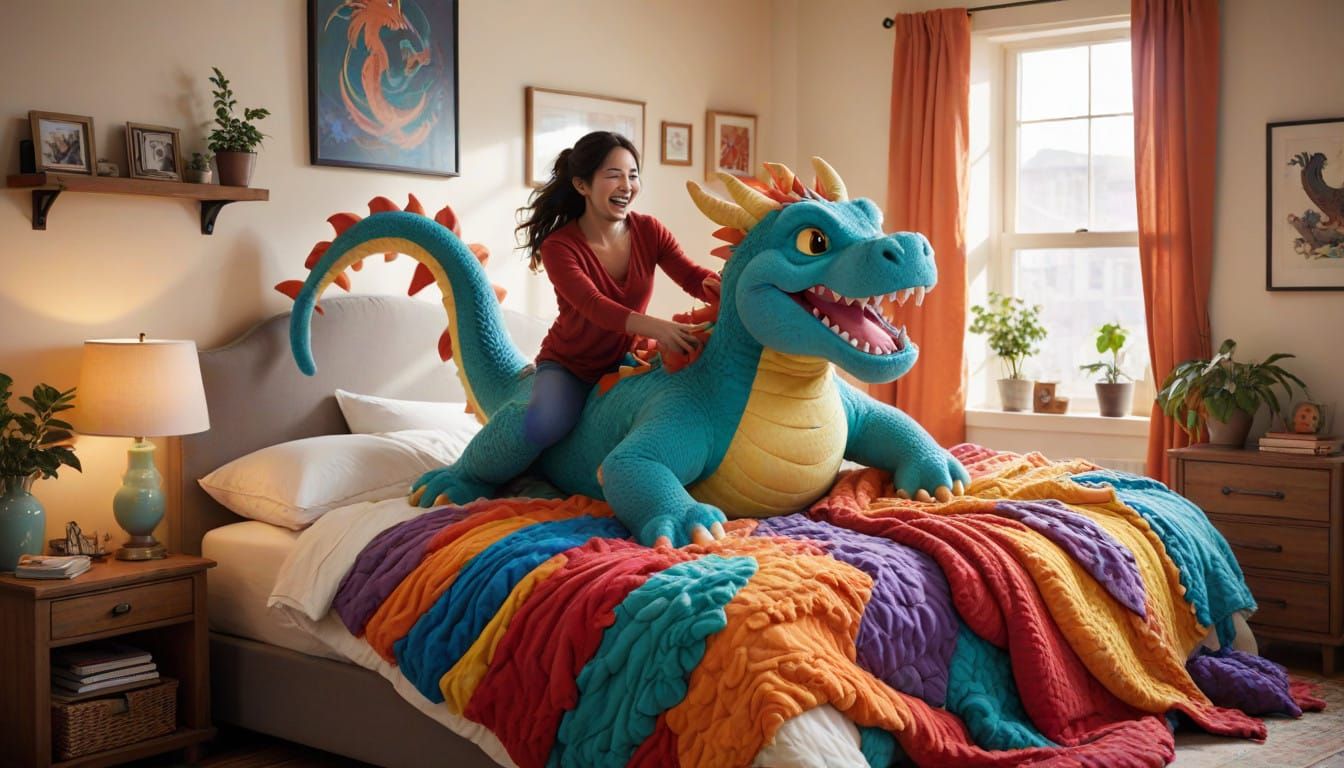 Joyful Woman Wrestles Playful Plush Dragon in Cozy Bedroom