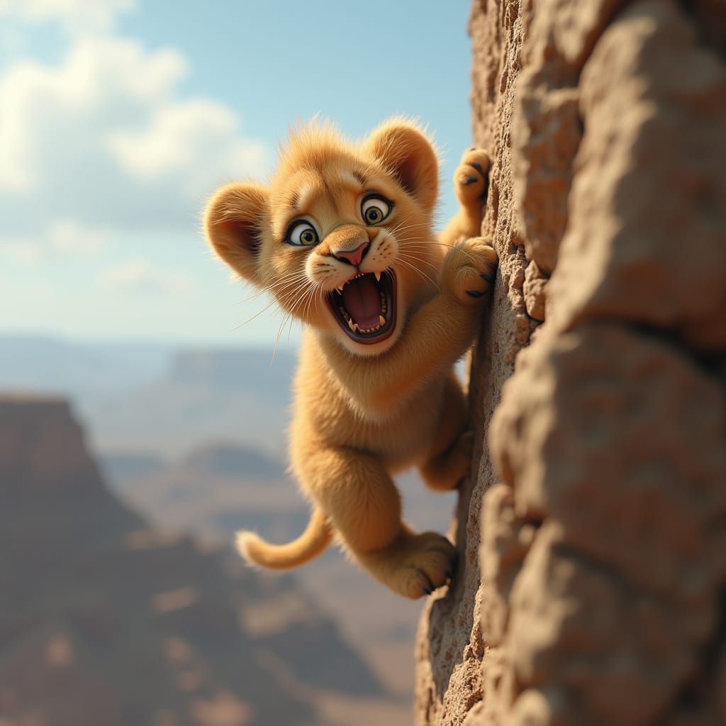 Adorable Lion Cub Teeters on Mountain Cliff Edge
