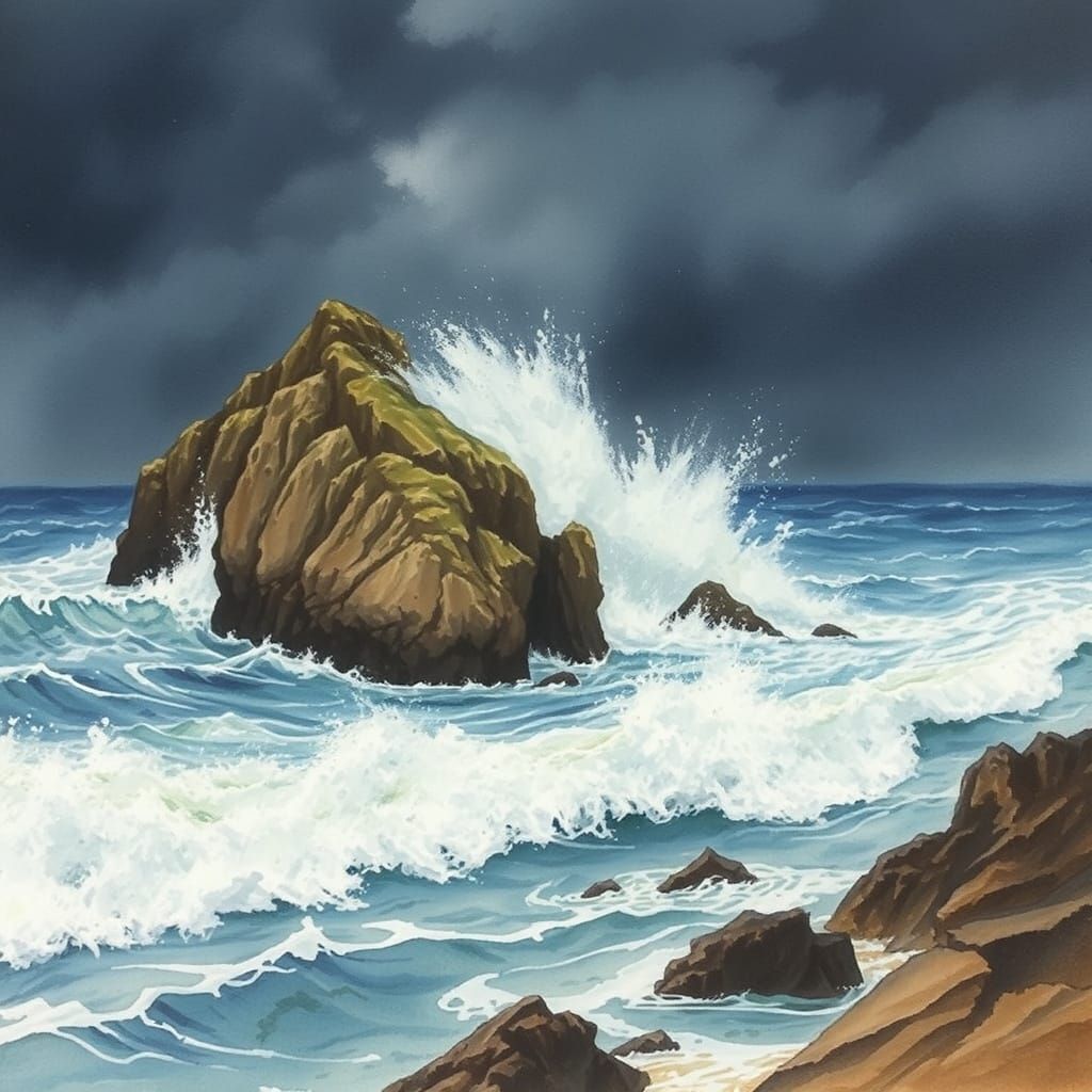 Stormy Waters Crash Against a Rugged Cliff at Night