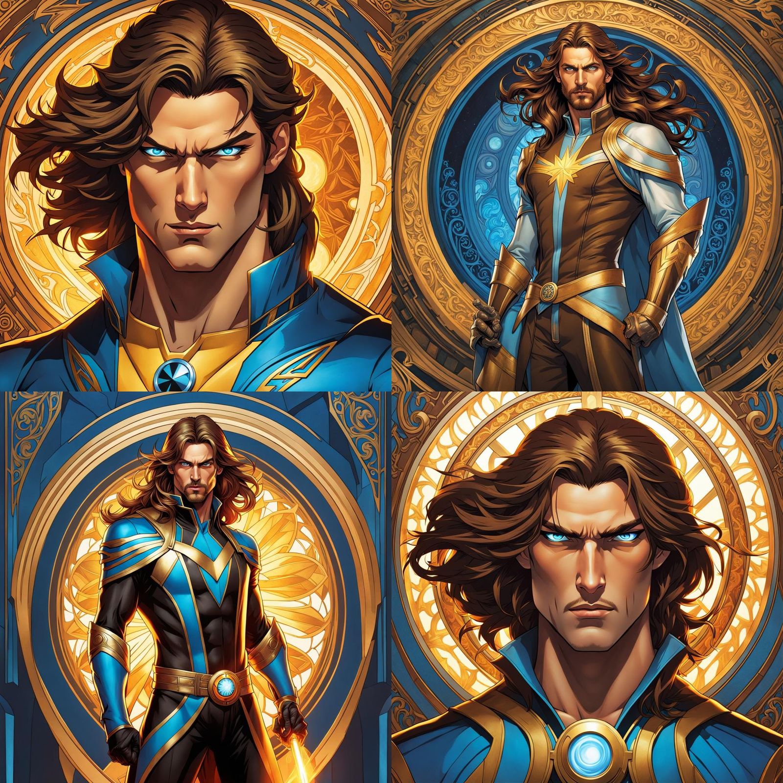 Nate Grey, X-Man, long brown hair, sharp features, blue eyes, young, full body painting in the style of alphonse mucha, ...