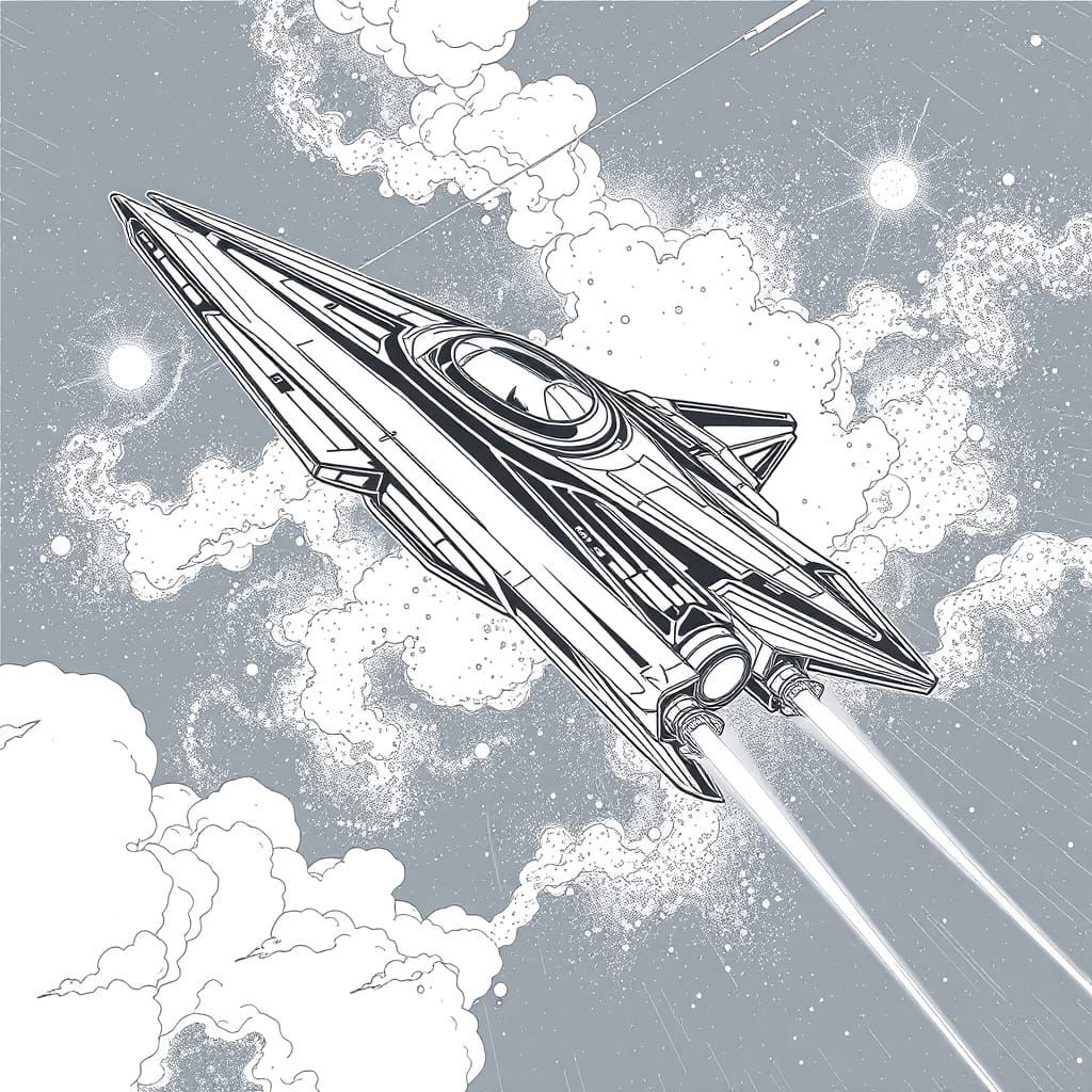 Futuristic Spaceship Line Drawing in Dramatic Backlighting
