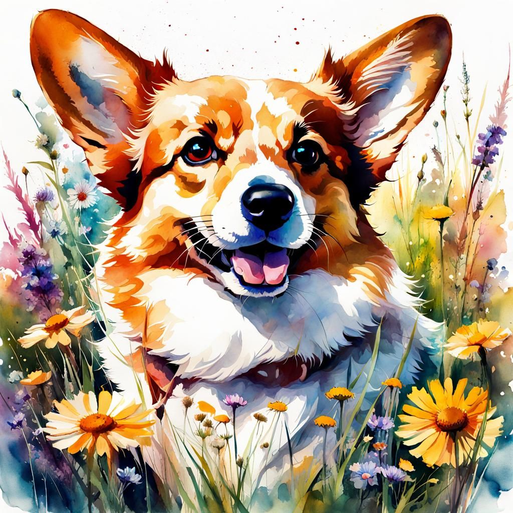 Corgi in Summer Field: Digital Watercolor Illustration