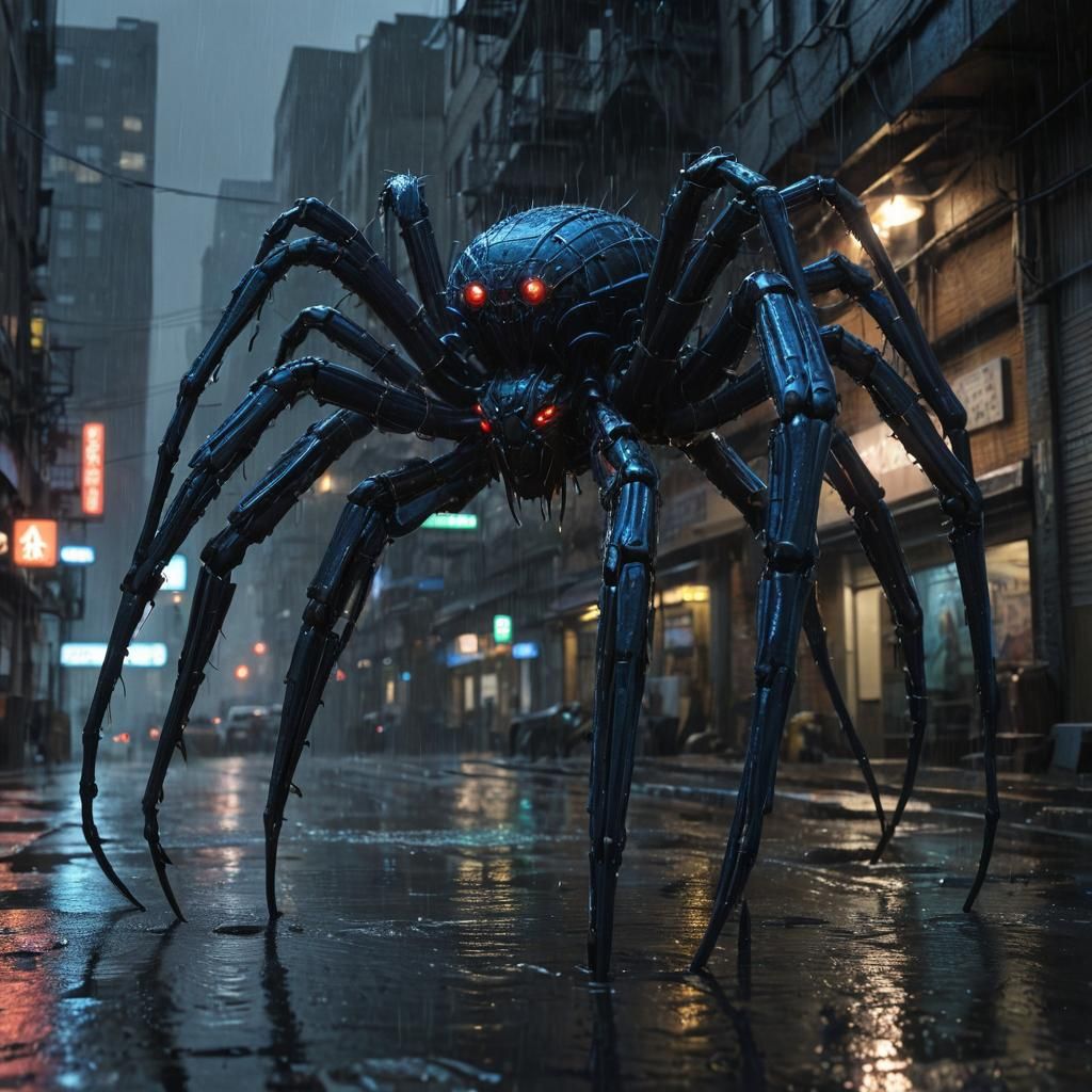 Bio-Cybernetic Spider Emerges in Neon Cityscape