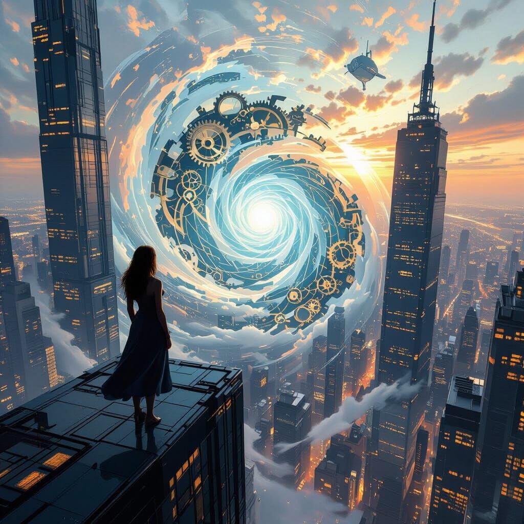 Surreal Cityscape Vortex with Clockwork Gears