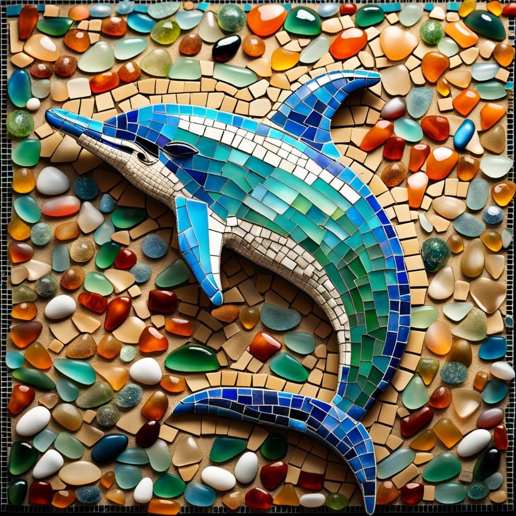 Seaglass Dolphin Mosaic in Photorealistic Style