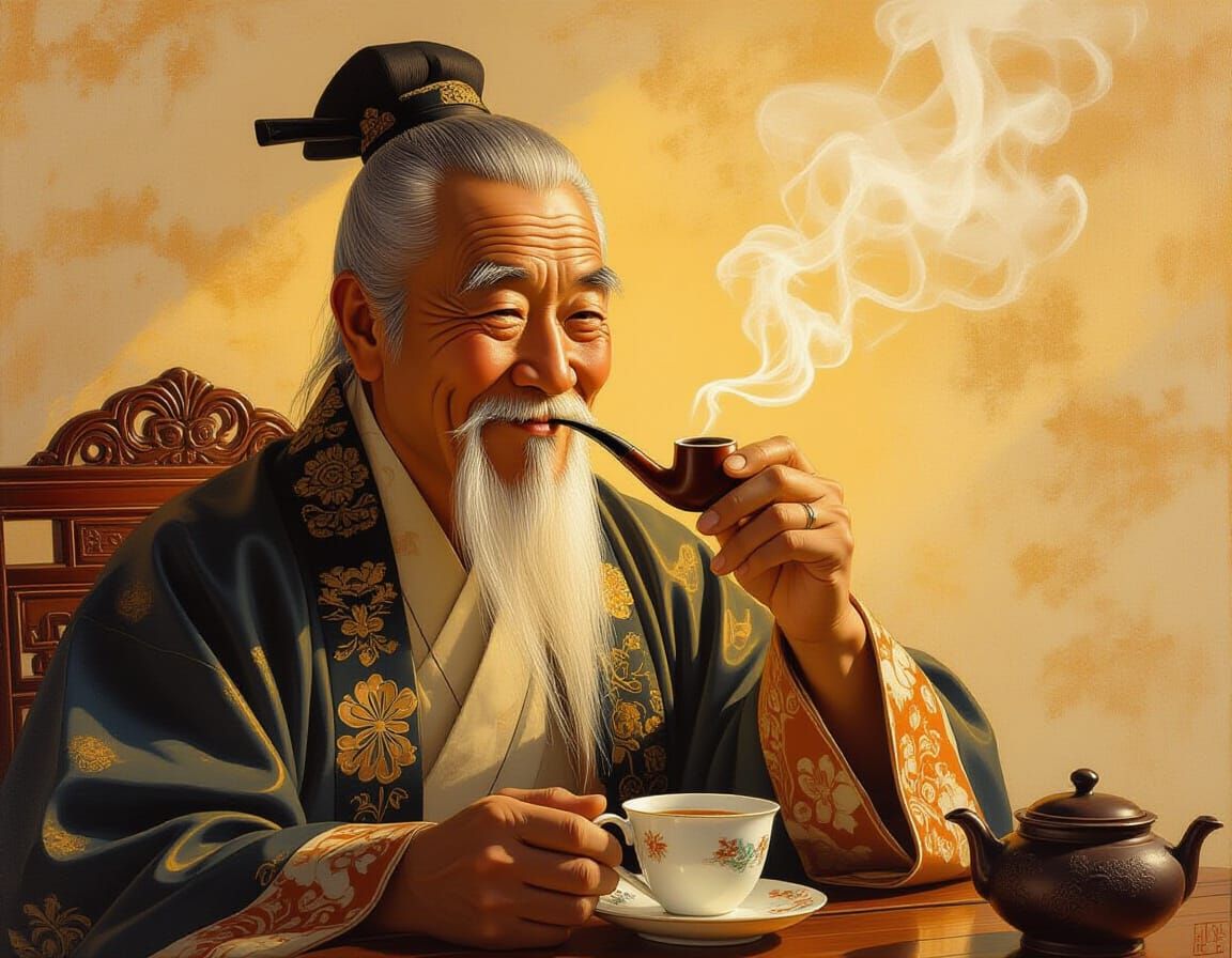 Elderly Man in Silk Robes, Smoking Pipe, Sipping Tea