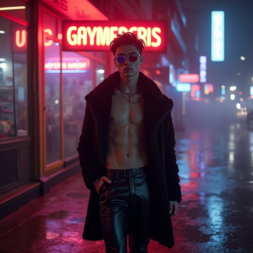 Confident Figure in Neon Dystopia