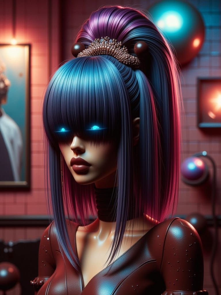 A human robot with a vibrant blunt bangs haircut, sitting in...