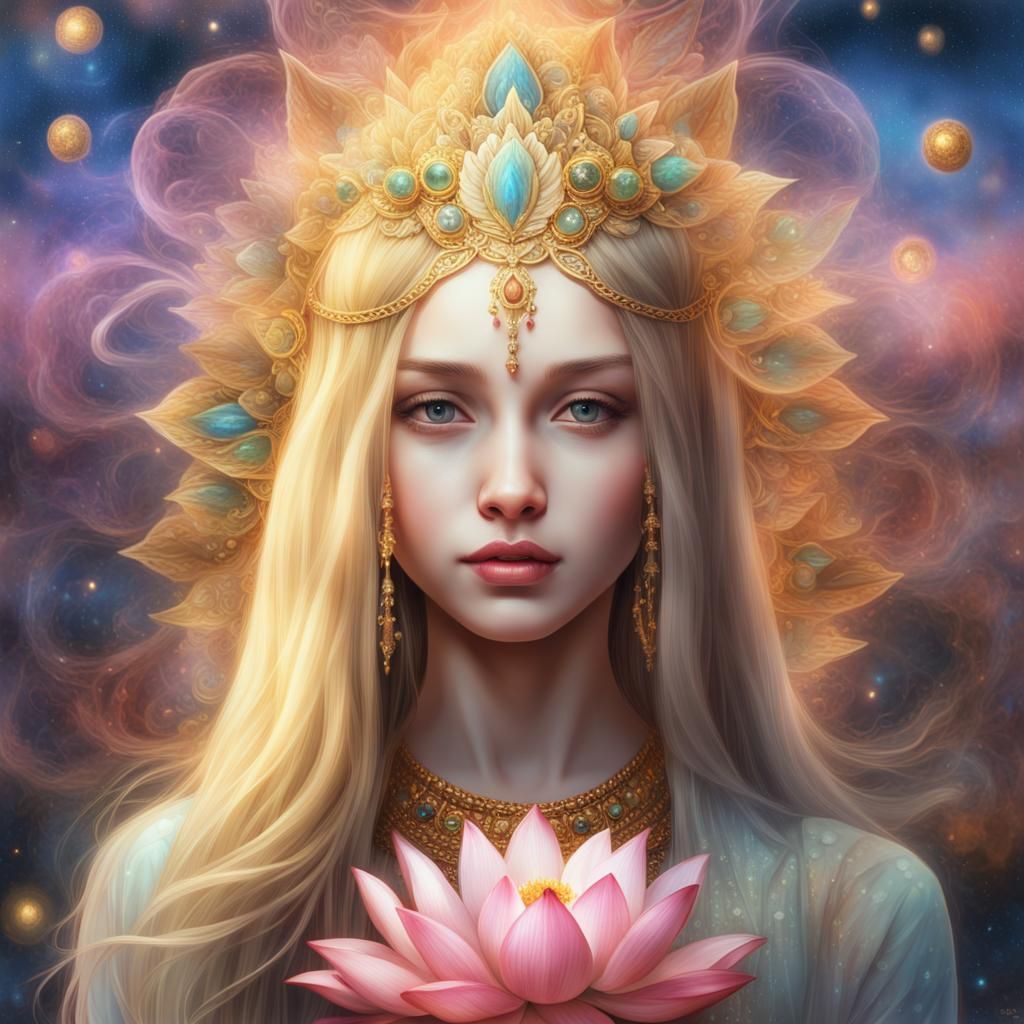 An extremely beautiful girl with long and fair hair holds a lotus flower decorated with gold and precious stones 8k reso...