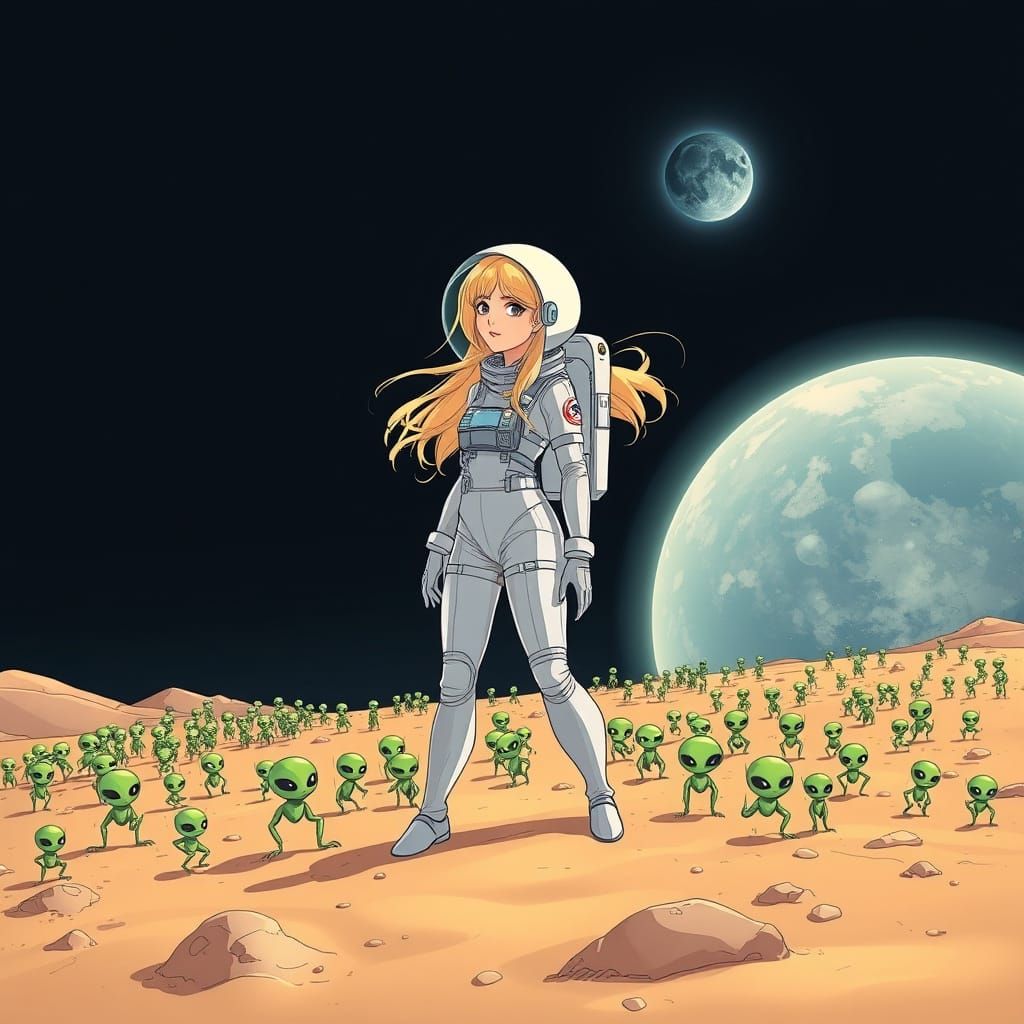 Sleek Astronaut Girl on the Moon with Flowing Hair and Alien...