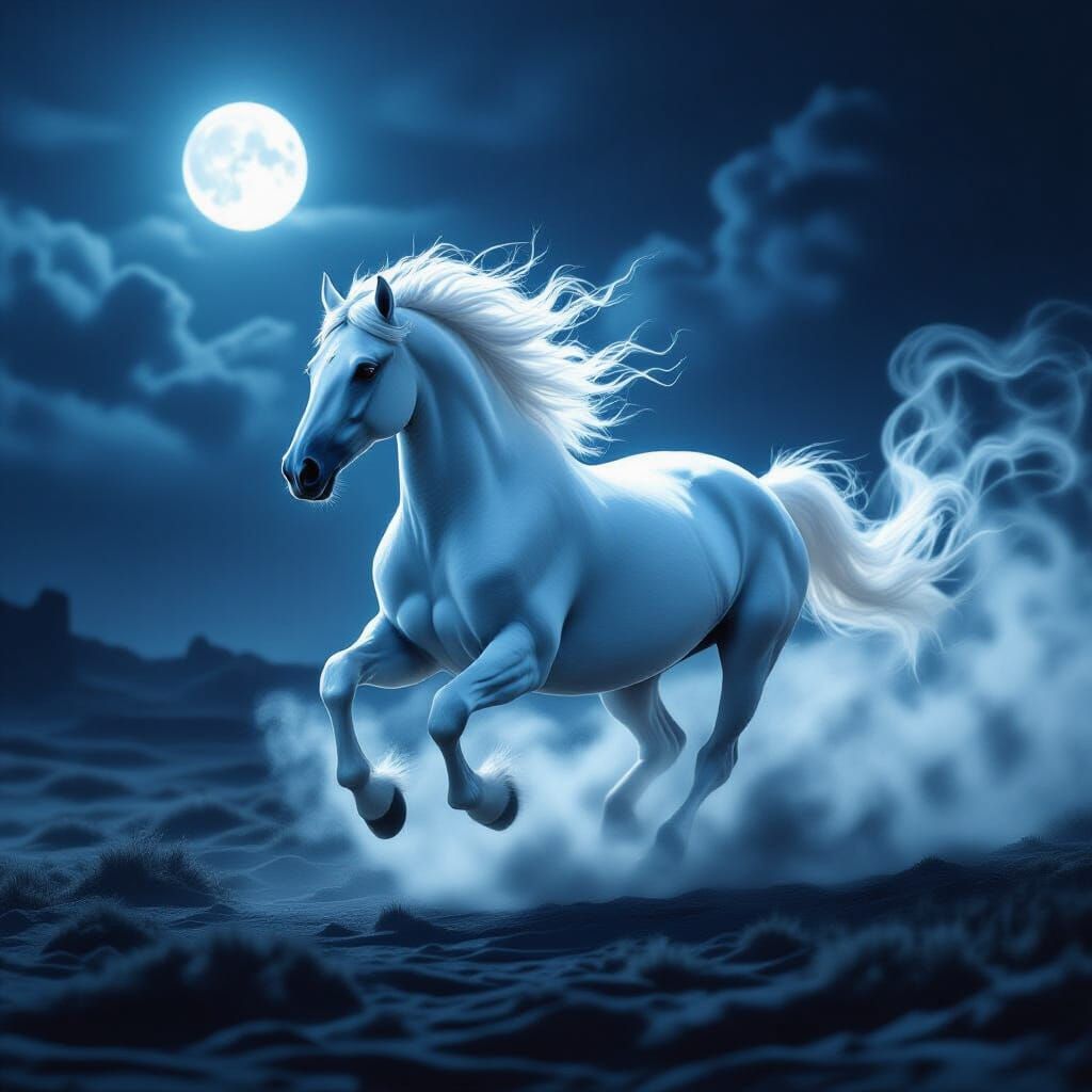 Majestic Smoke Horse Gallops Through Ethereal Landscape