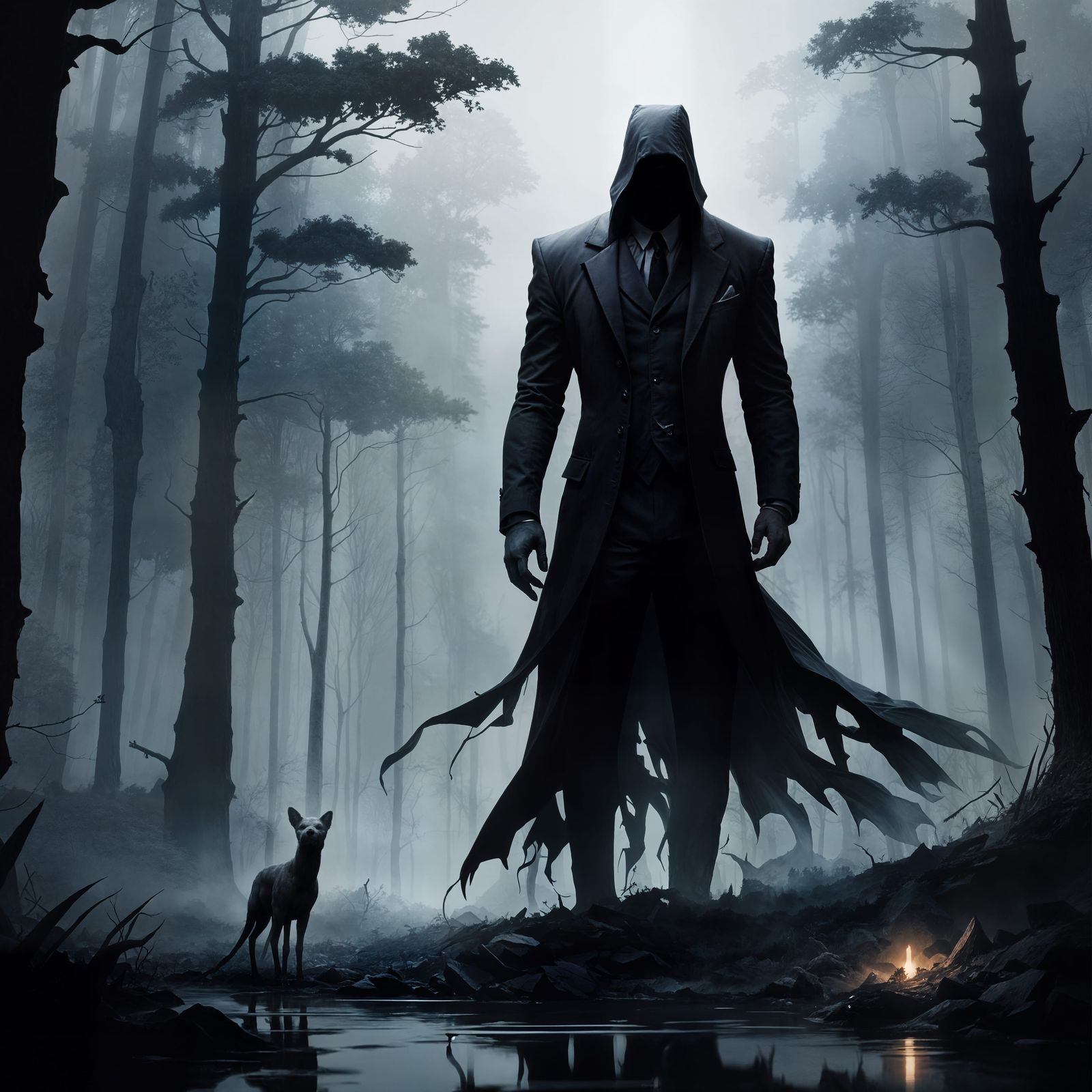 Mysterious Figure in Foggy Forest Clearing