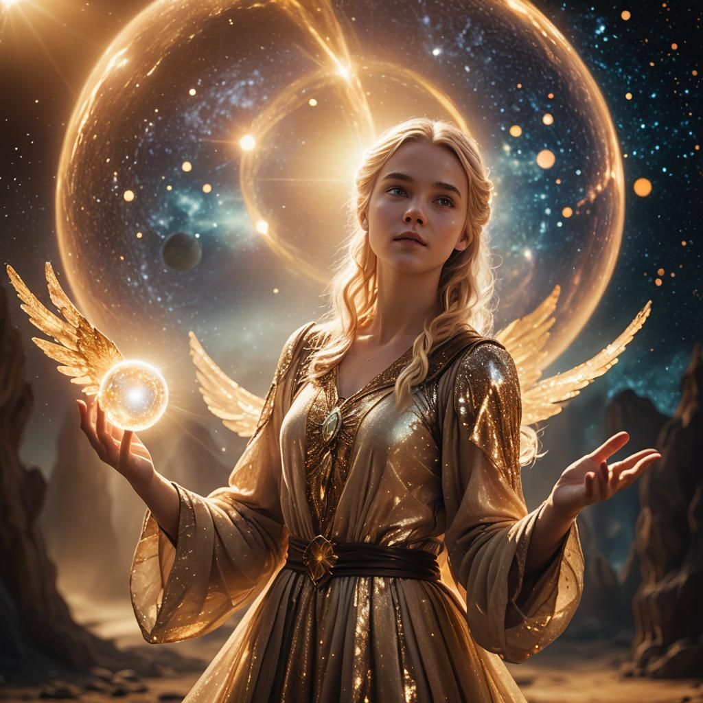 Ethereal Teenager with Wings in Celestial Scene