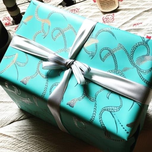 An elegant gift wrapped in Tiffany blue paper, tied with a w...