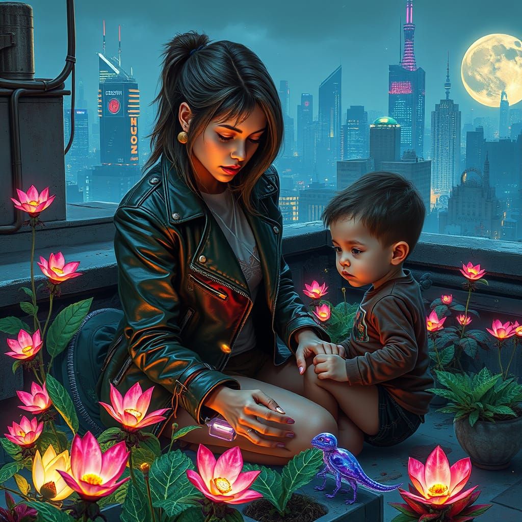 Mother in Cyberpunk Rooftop Oasis