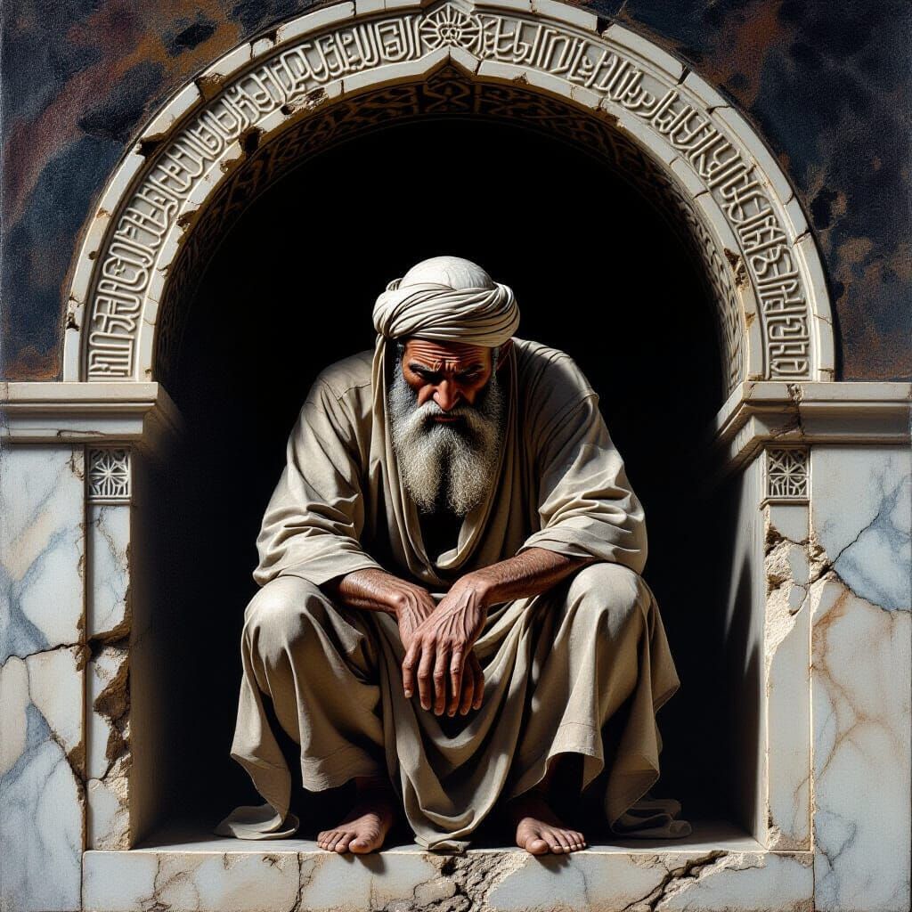 Distressed Islamic Man Sculpture in Hyperrealism Style