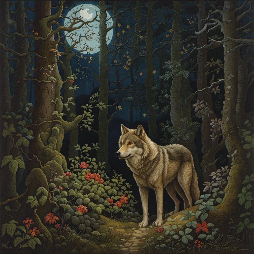 Wolf in Woods at Night in Fantasy Style