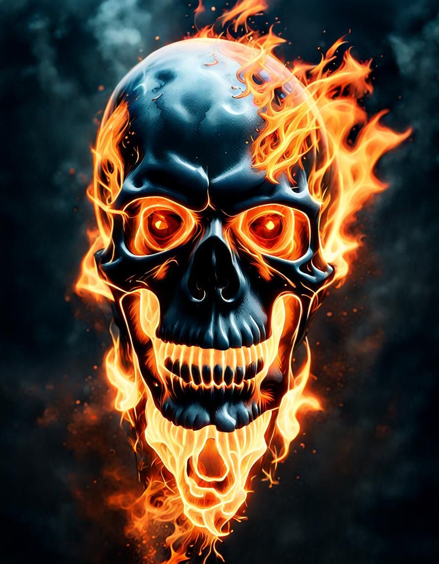 Sinister Flaming Skull Double Exposure in Watercolor Style