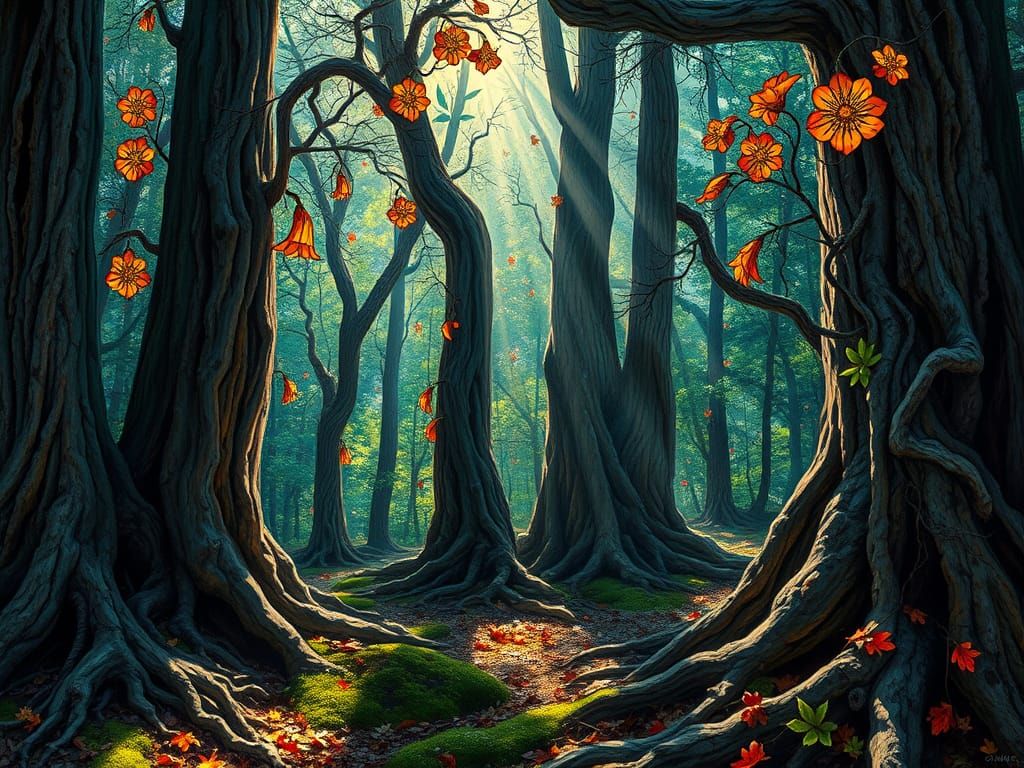 Surreal Forest Scene in Vibrant Neo-Impressionist Style
