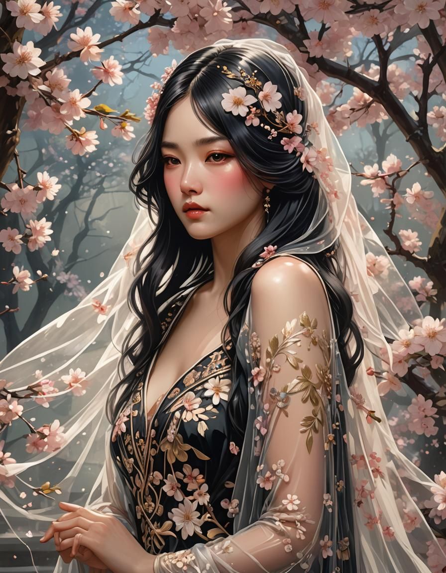 Elegant Portrait with Flowered Dress in Art Nouveau Style