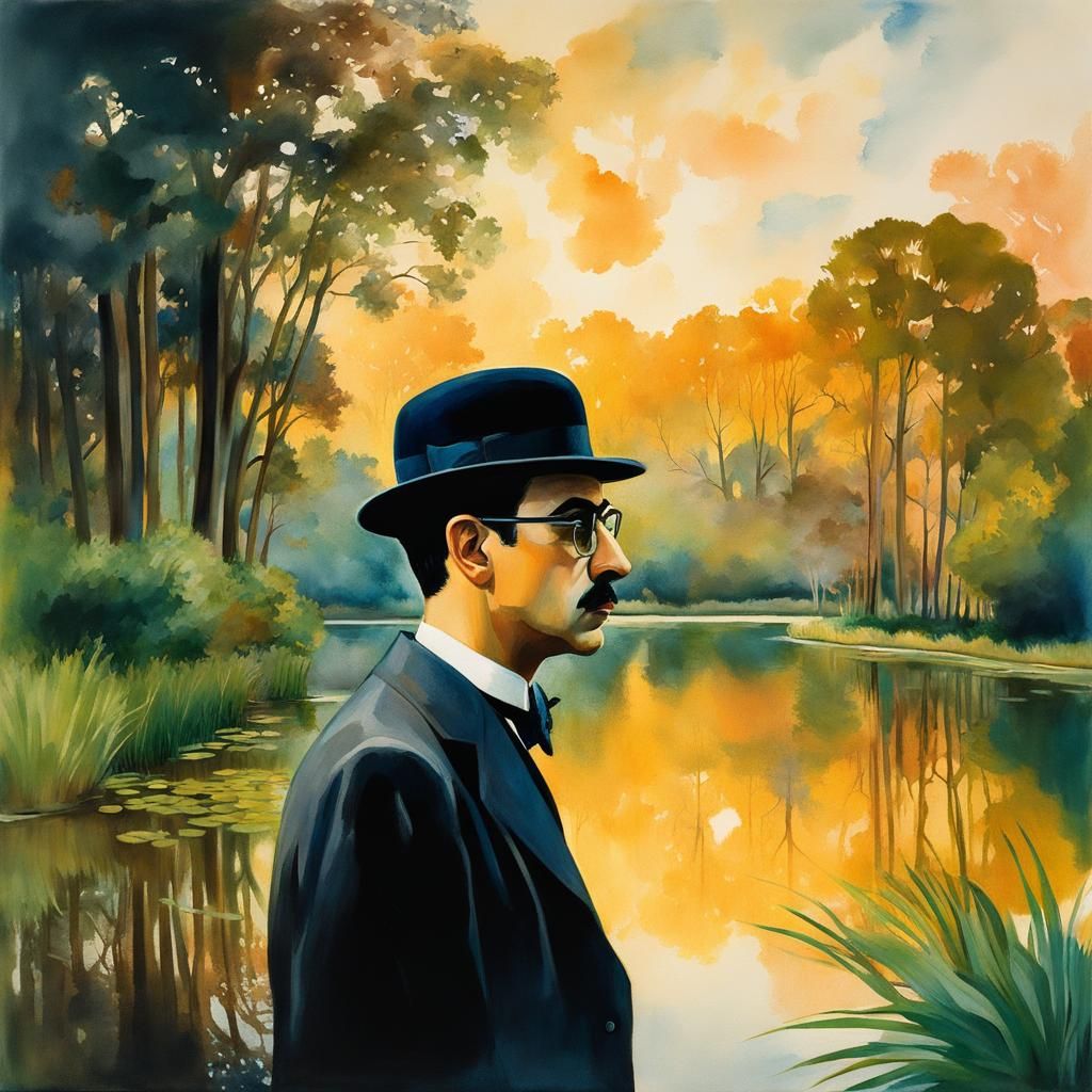 Fernando Pessoa Double Exposure in Gouache Style