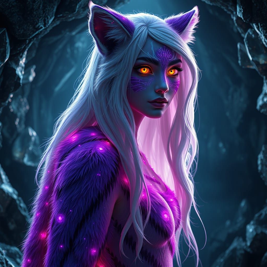 Majestic Feline Goddess in a Celestial Cave