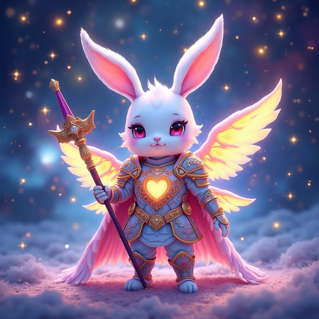 Kawaii Paladin Bunny Shines with Cosmic Radiance