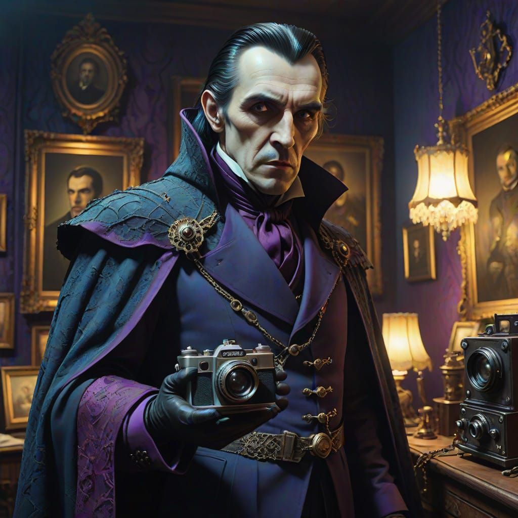 Dark, Ornate Portrait of Count Dracula with Vintage Camera i...
