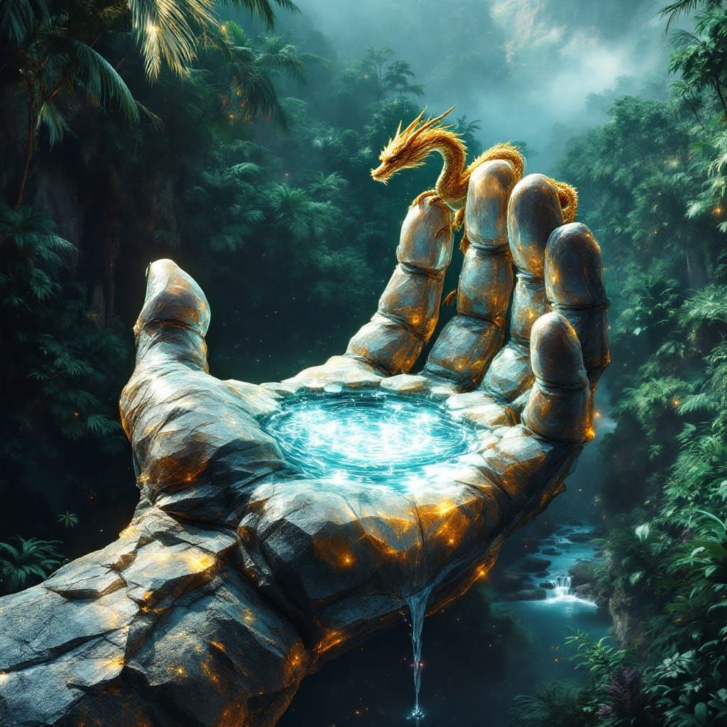 Mythical Titan's Crystal Hand Rises in Vibrant Tropical Fore...