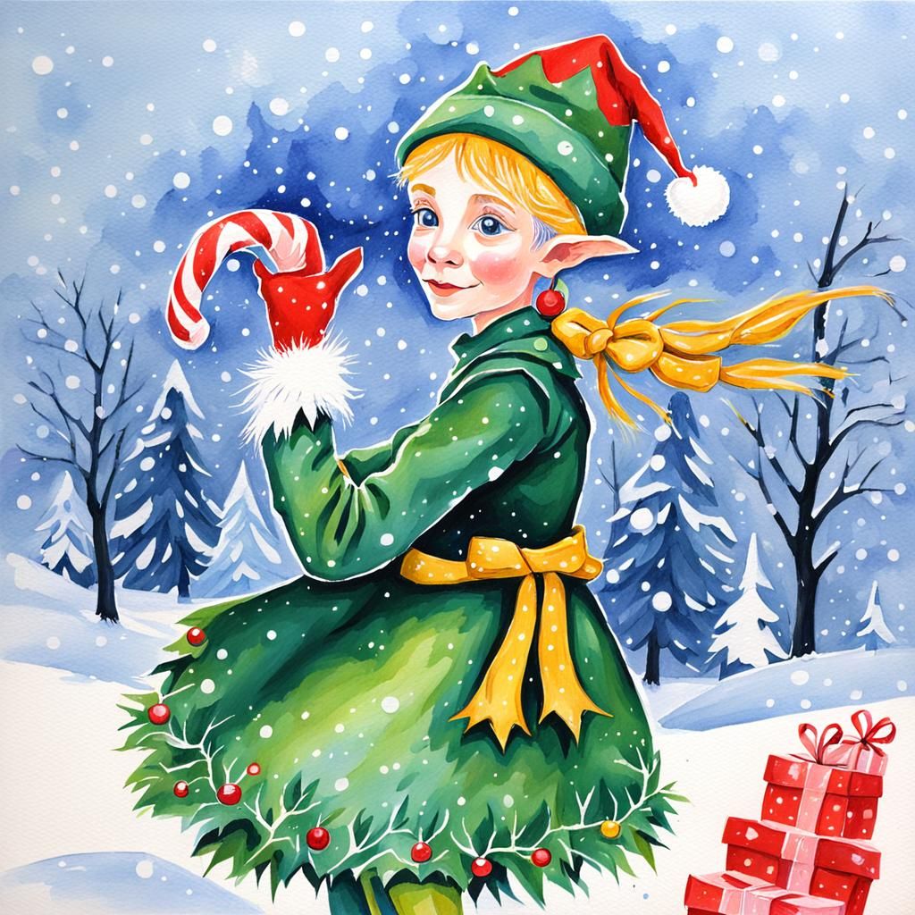 Detailed Gouache Painting of a Christmas Elf